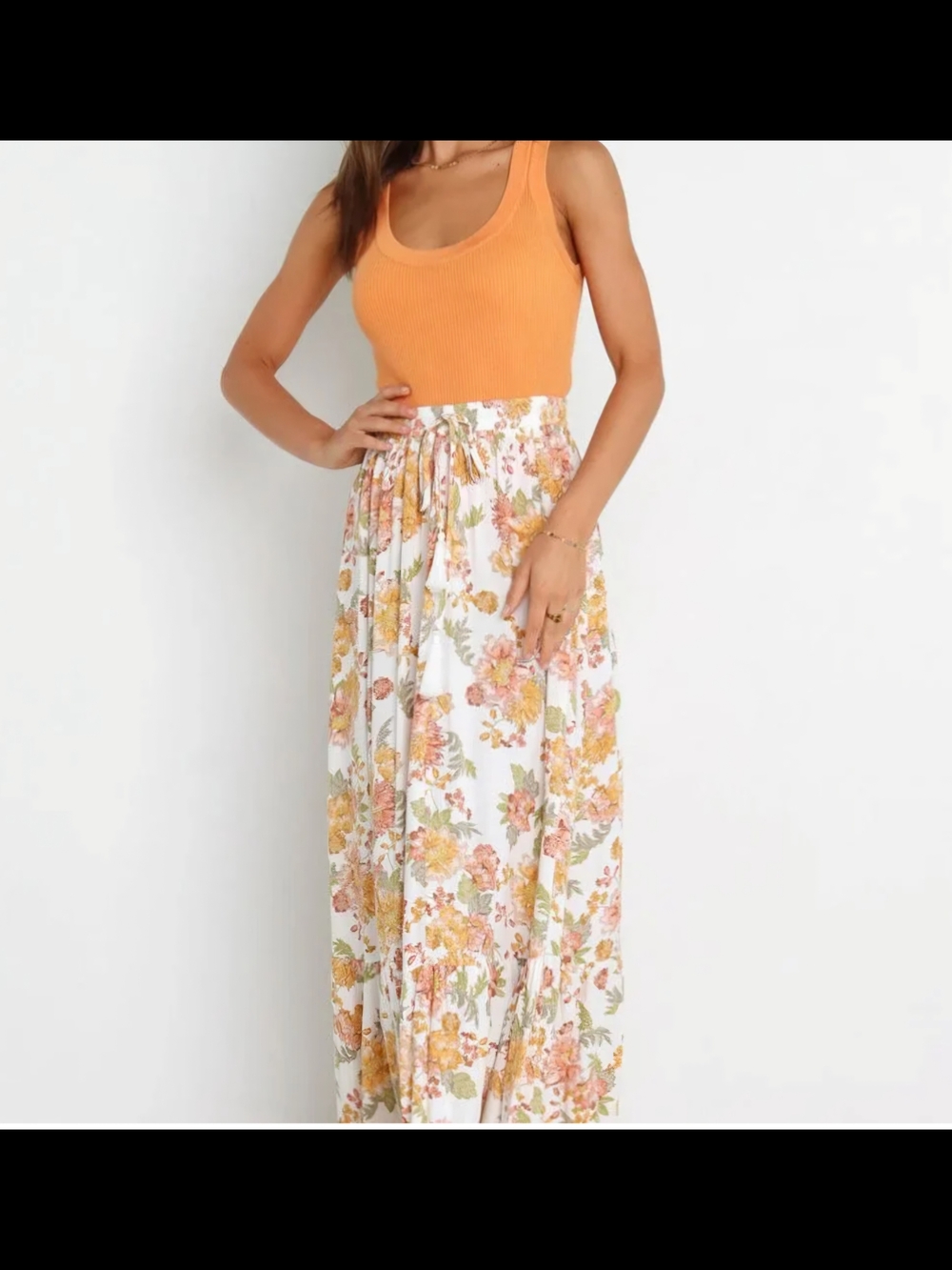 Petal & Pup White Floral Maxi Skirt with Peach and Green Accents